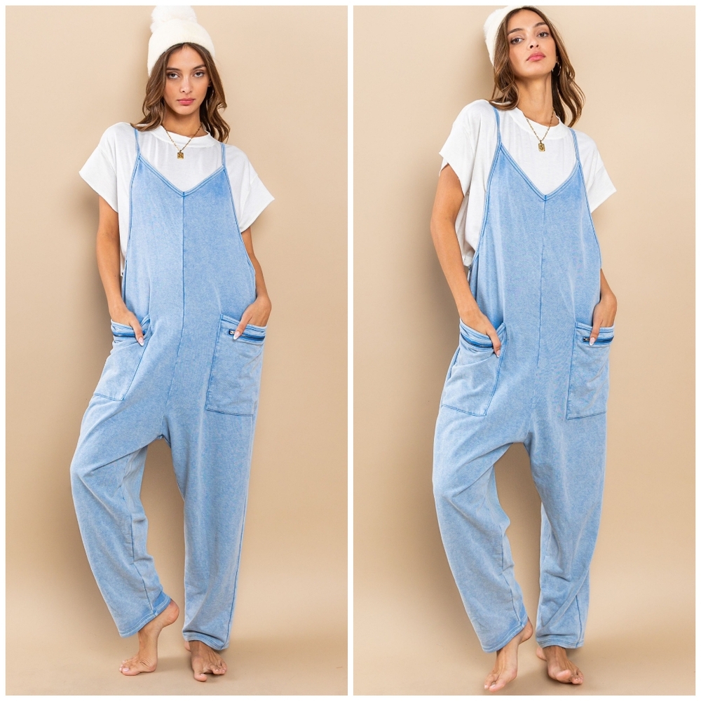 Ces Femme Washed Blue Soft Knit Jumpsuit Overalls - Picture 3 of 9